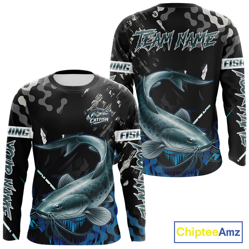 Black Camo Custom Catfish Fishing Shirts Long Sleeve, Catfish Fishing Jerseys For Men NHT499