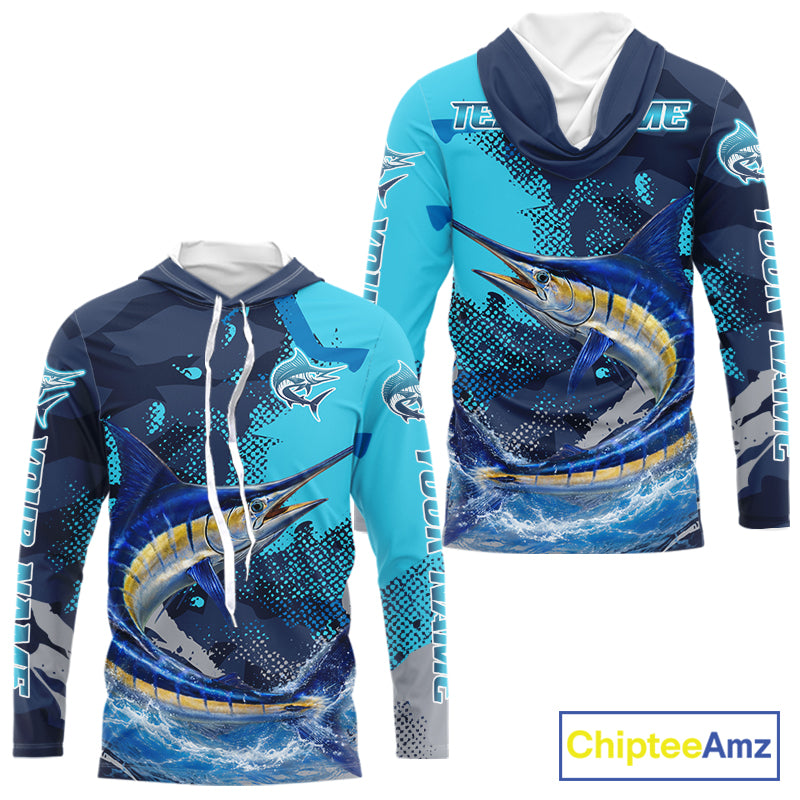 Marlin Fishing Blue Camo Custom Name Long Sleeve, Long Sleeve Hooded Fishing Shirt NHT453