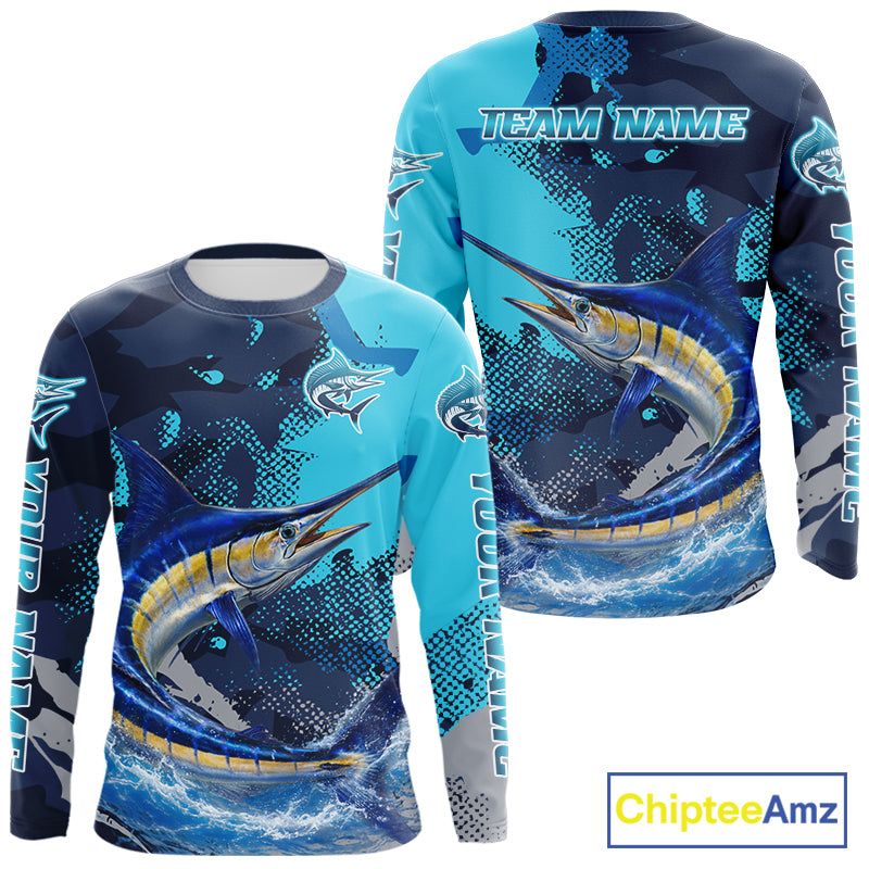 Marlin Fishing Blue Camo Custom Name Long Sleeve, Long Sleeve Hooded Fishing Shirt NHT453