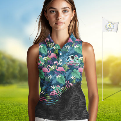 Flamingo Golf Ball Womens Sleeveless Polo Shirts, Colorful Tropical Flamingo Pattern, Tropical Golf Shirt NHT668