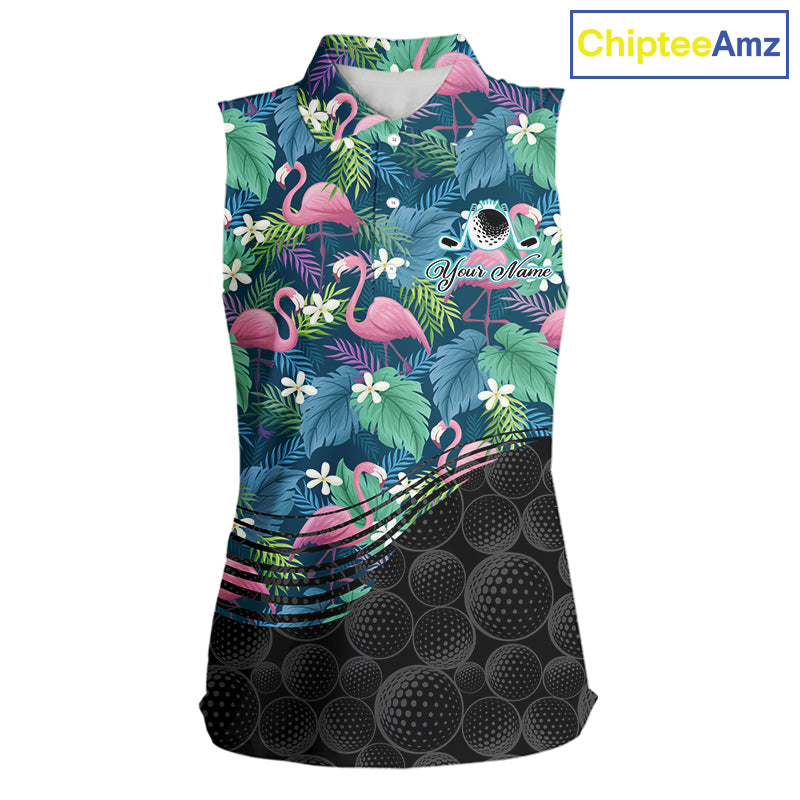Flamingo Golf Ball Womens Sleeveless Polo Shirts, Colorful Tropical Flamingo Pattern, Tropical Golf Shirt NHT668