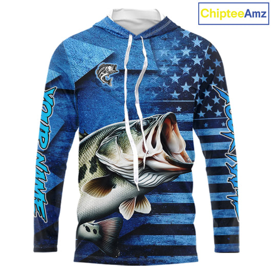 Bass Fishing Shirts Long Sleeve Hooded With American Flag, Personalized Bass Fishing Gift For Father Days NHT680