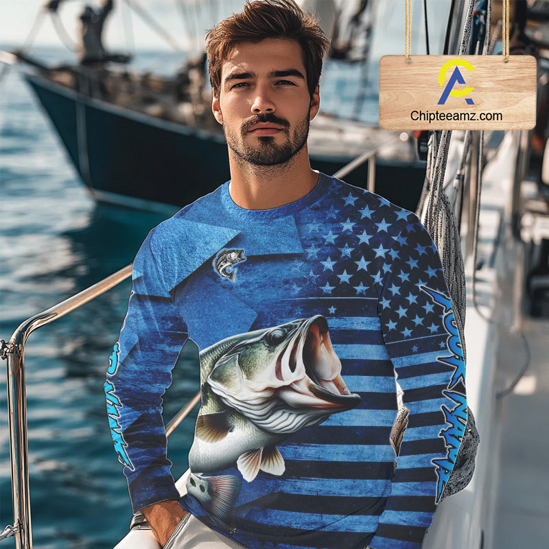 Bass Fishing Shirts Long Sleeve With American Flag, Personalized Bass Fishing Gift For Father Days NHT680
