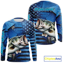 Load image into Gallery viewer, Bass Fishing Shirts Long Sleeve With American Flag, Personalized Bass Fishing Gift For Father Days NHT680
