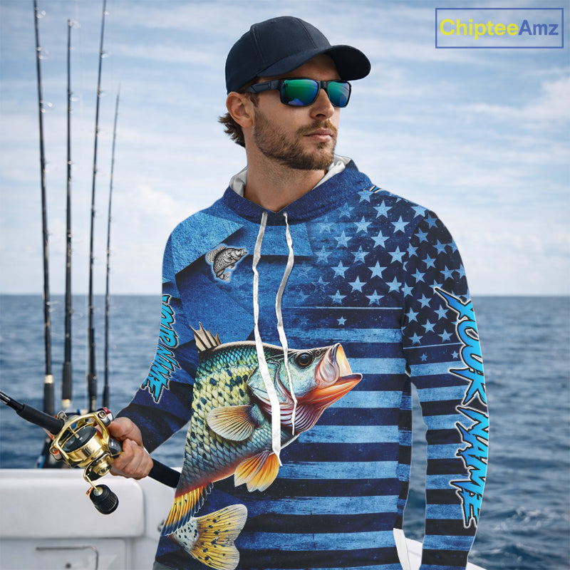 Crappie Hooded Fishing Shirts Long Sleeve With American Flag, Personalized Crappie Fishing Gift For Father Days NHT681