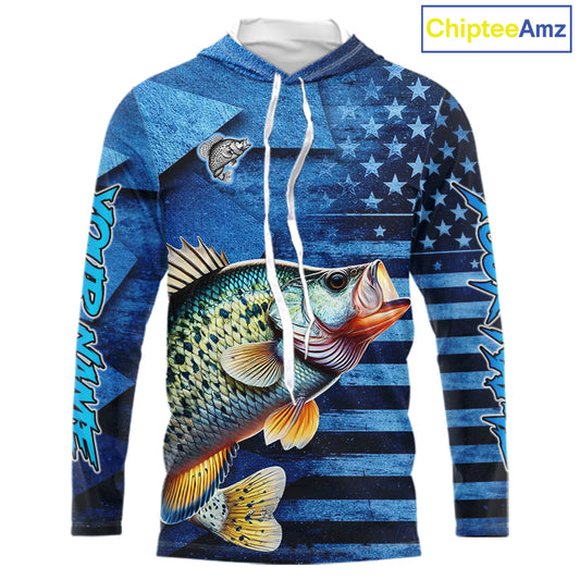 Crappie Hooded Fishing Shirts Long Sleeve With American Flag, Personalized Crappie Fishing Gift For Father Days NHT681