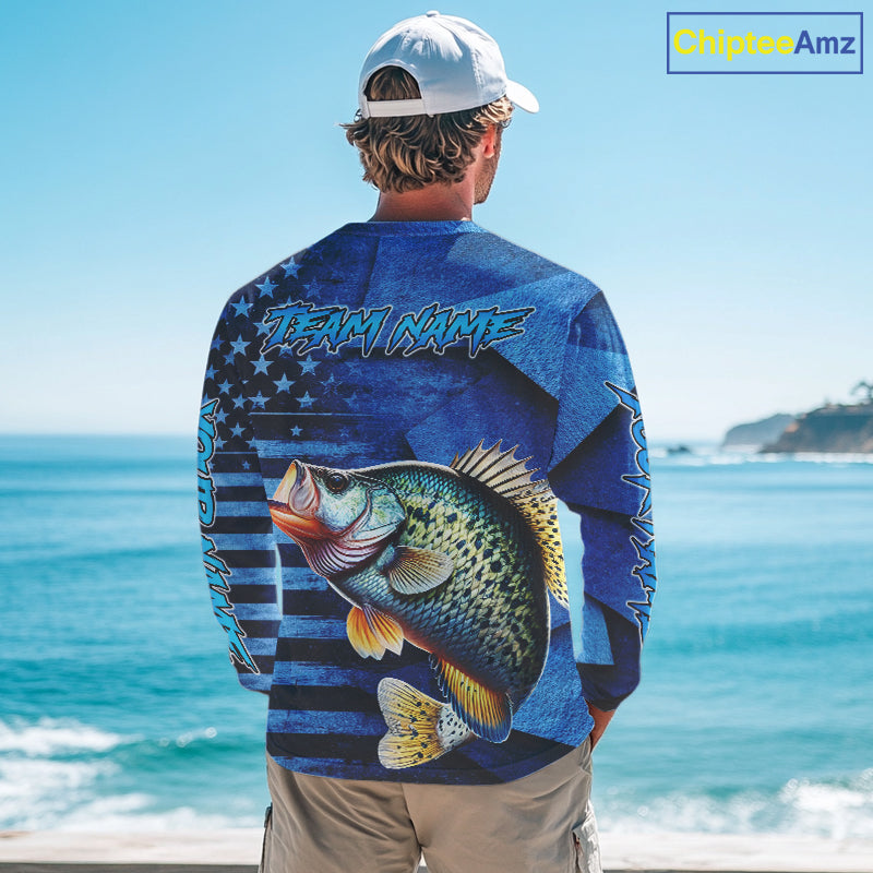Crappie Fishing Shirts Long Sleeve With American Flag, Personalized Crappie Fishing Gift For Father Days NHT681