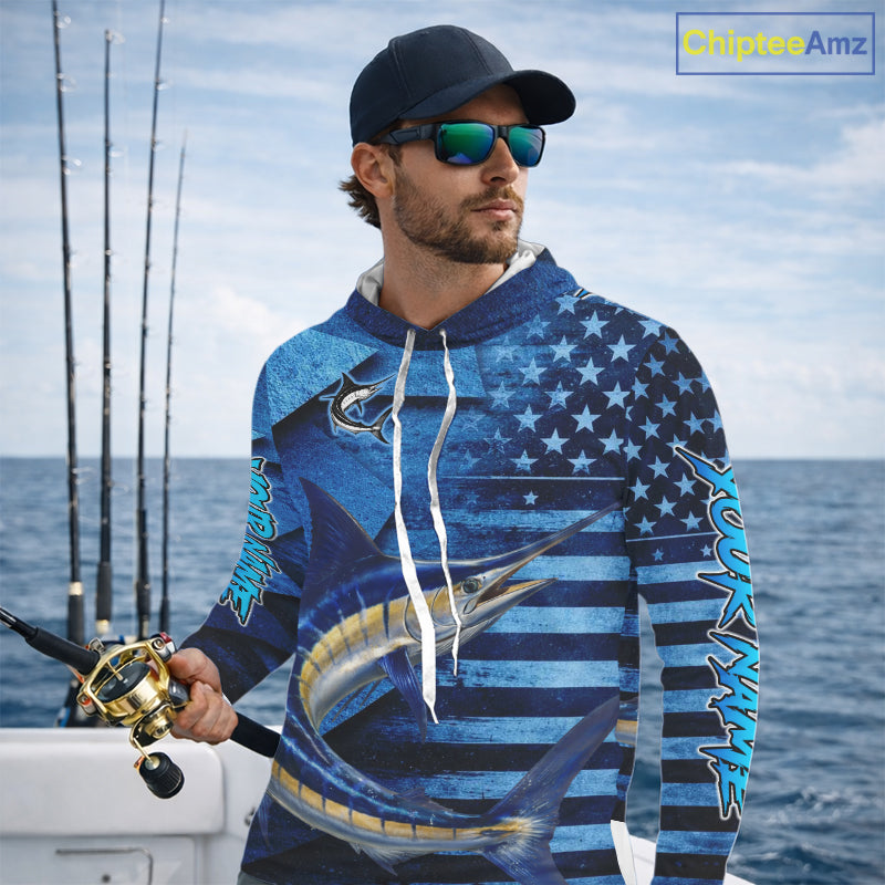 Marlin Hooded Fishing Shirts Long Sleeve With American Flag, Personalized Marlin Fishing Gift For Father Days NHT683
