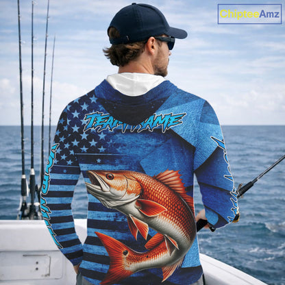 Redfish Hooded Fishing Shirts Long Sleeve With American Flag, Personalized Redfish Fishing Gift For Father Days NHT685