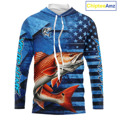 Redfish Hooded Fishing Shirts Long Sleeve With American Flag, Personalized Redfish Fishing Gift For Father Days NHT685