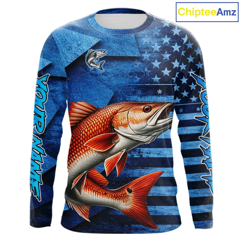 Redfish Fishing Shirts Long Sleeve With American Flag, Personalized Redfish Fishing Gift For Father Days NHT685