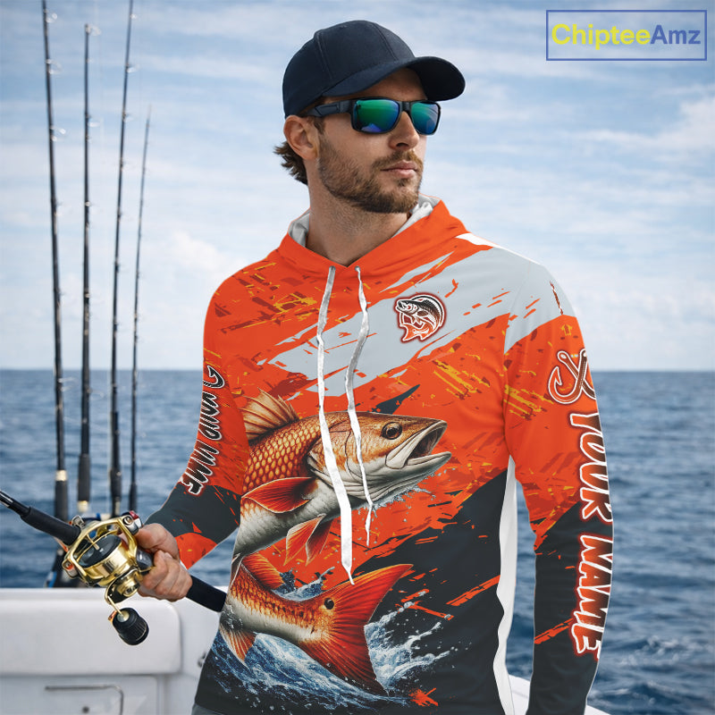Custom Redfish Fishing Tournament Jerseys, Red Drum Orange Hooded Fishing Shirts Long Sleeve  NHT572