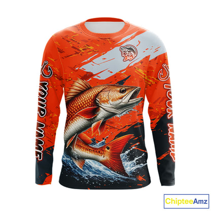 Custom Redfish Fishing Tournament Jerseys, Red Drum Orange Fishing Shirts Long Sleeve  NHT572