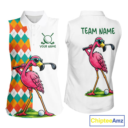 Funny Flamingo Womens Sleeveless Golf Polo Shirts Colorful Argyle Pattern Custom Name, Golf Gifts NBT562