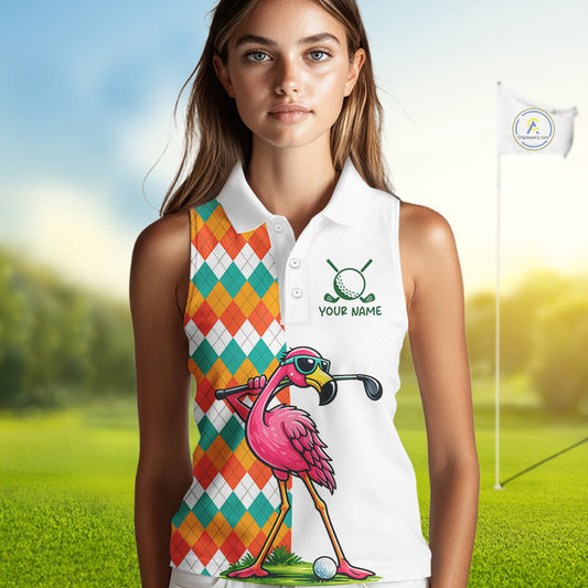Funny Flamingo Womens Sleeveless Golf Polo Shirts Colorful Argyle Pattern Custom Name, Golf Gifts NBT562