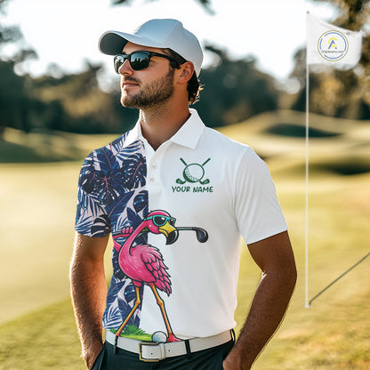 Funny Flamingo Mens Golf Polo Shirts Blue Tropical Flamingo Custom Name, Golf Gifts NBT563