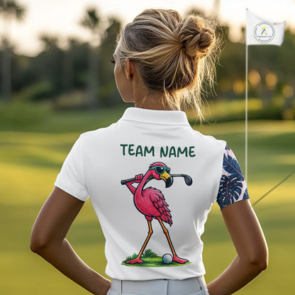 Funny Flamingo Womens Golf Polo Shirts Blue Tropical Flamingo Custom Name, Golf Gifts NBT563