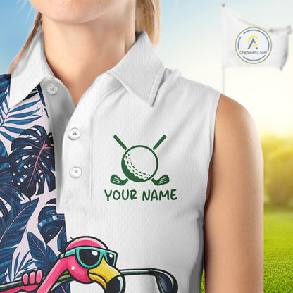 Funny Flamingo Womens Sleeveless Golf Polo Shirts Blue Tropical Flamingo Custom Name, Golf Gifts NBT563