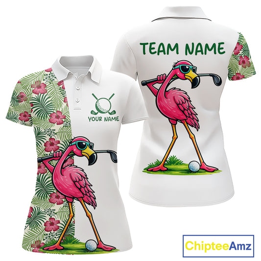 Funny Flamingo Womens Golf Polo Shirts Floral Tropical Leaf Flamingo Custom Name, Golf Gifts NBT564
