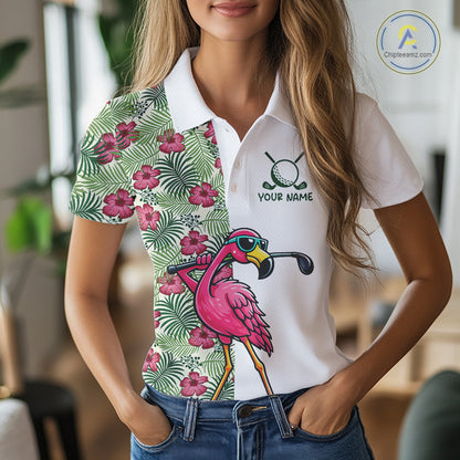 Funny Flamingo Womens Golf Polo Shirts Floral Tropical Leaf Flamingo Custom Name, Golf Gifts NBT564