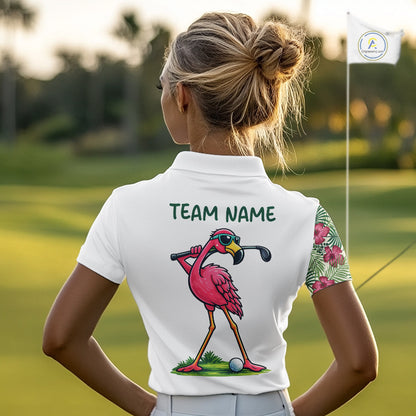 Funny Flamingo Womens Golf Polo Shirts Floral Tropical Leaf Flamingo Custom Name, Golf Gifts NBT564