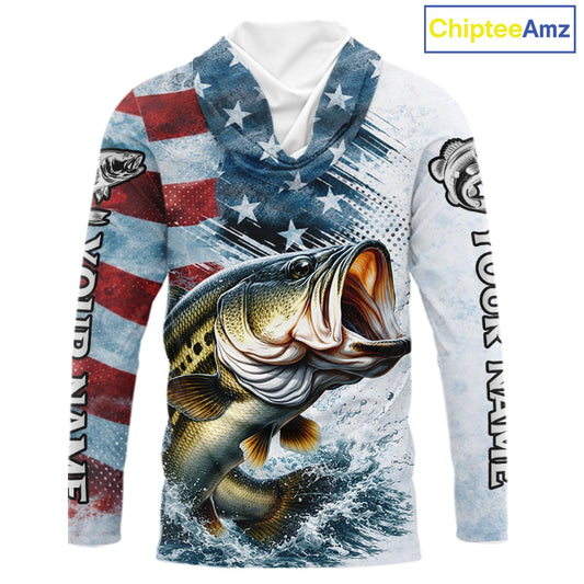American Flag Custom Bass Long Sleeve Hooded Fishing Shirts, Patriotic Fishing Shirt NBT447