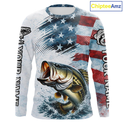 American Flag Custom Bass Fishing Shirts Long Sleeve, Patriotic Fishing Shirt NBT447