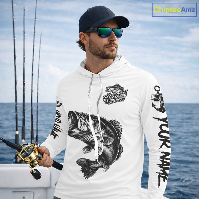 White Bass Fishing Tattoo Custom Fishing Shirts with Hood, Bass Fishing Shirts Long Sleeve NBT451