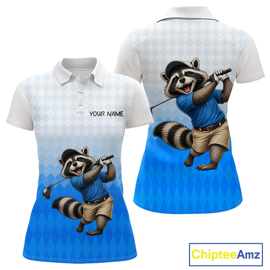 Funny Raccoon Golf Polo Shirt Personalized Name Custom Golf Shirt Golfer Gift For Womens NBT887