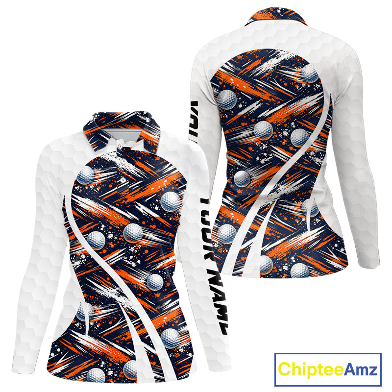Womens Golf Polo Shirts Custom Black And Orange Golf Ball Pattern Golf Attire For Ladies, Golfer Gifts NBT573