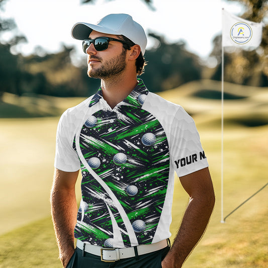 Mens Golf Polo Shirts Custom Black And Green Golf Ball Pattern Golf Attire For Mens, Golfer Gifts NBT574