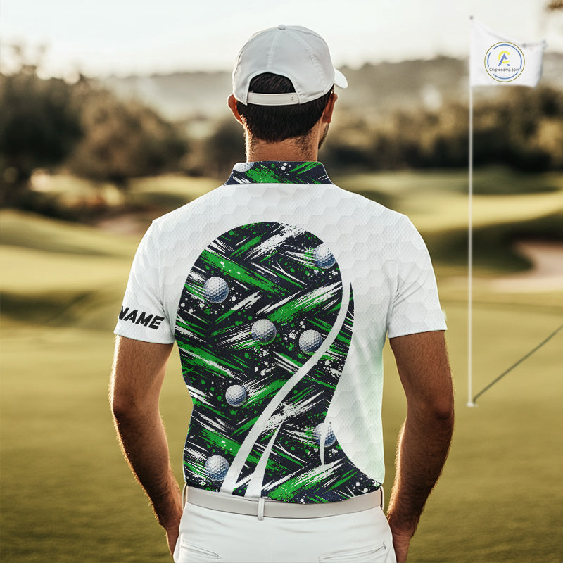 Mens Golf Polo Shirts Custom Black And Green Golf Ball Pattern Golf Attire For Mens, Golfer Gifts NBT574