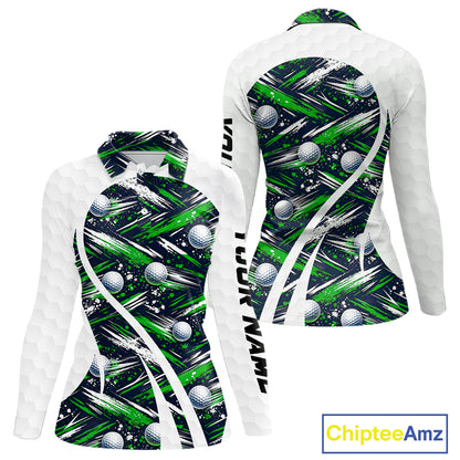 Womens Golf Polo Shirts Custom Black And Green Golf Ball Pattern Golf Attire For Ladies, Golfer Gifts NBT574