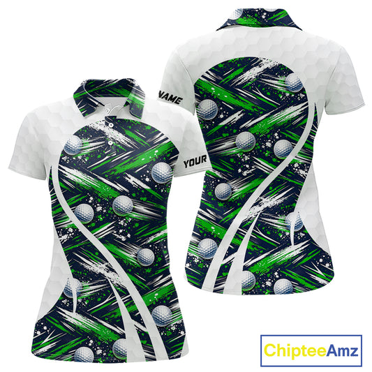 Womens Golf Polo Shirts Custom Black And Green Golf Ball Pattern Golf Attire For Ladies, Golfer Gifts NBT574