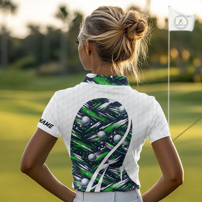 Womens Golf Polo Shirts Custom Black And Green Golf Ball Pattern Golf Attire For Ladies, Golfer Gifts NBT574