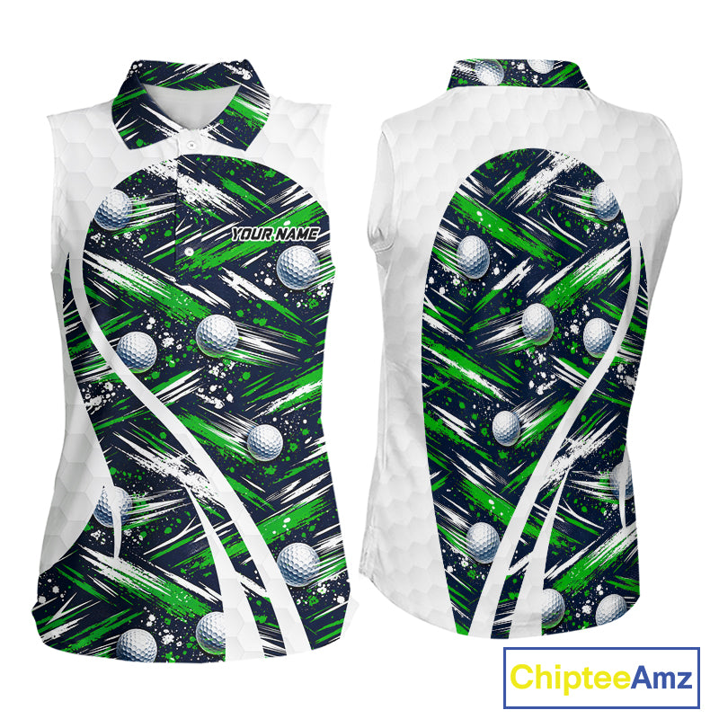 Womens Sleeveless Golf Polo Shirts Custom Black And Green Golf Ball Pattern Golf Attire For Ladies, Golfer Gifts NBT574