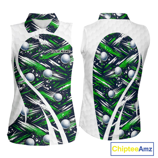 Womens Sleeveless Golf Polo Shirts Custom Black And Green Golf Ball Pattern Golf Attire For Ladies, Golfer Gifts NBT574