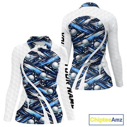 Womens Golf Polo Shirts Custom Black And Blue Golf Ball Pattern Golf Attire For Ladies, Golfer Gifts NBT575