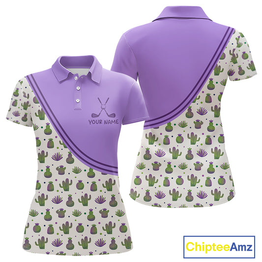 Personalized Funny Purple Cactus Pattern Womens Golf Polo Shirts Custom Cactus Golf Shirt, Golfer Gifts  NBT707