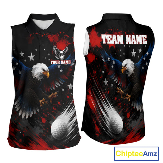 American Flag Eagle print detail on sleeveless women golf polo - patriotic close-up black button