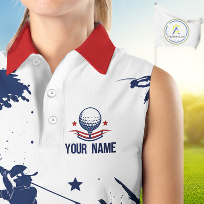 Womens Sleeveless Golf Polo Shirt American Flag Patriotic Custom Name White Tournament Golf Shirt, Golf Gift NBT812