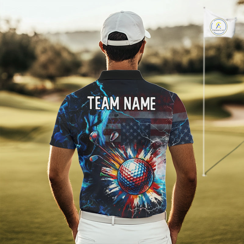 Man wearing a American Flag mens golf polo shirt custom name black patriotic golf shirt with "team name" on the back, standing on a golf course