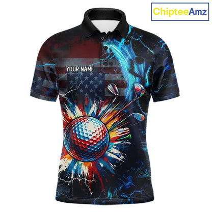 Front view of American Flag mens golf polo shirt custom name black golf shirt with custom name on the chest