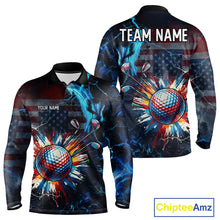 Load image into Gallery viewer, Front and back view of American Flag mens long sleeve golf polo shirt custom name black