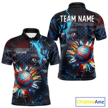 Load image into Gallery viewer, Front and back view of American Flag mens golf polo shirt custom name black golf shirt with custom name on the chest and team name on the back