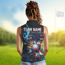 Load image into Gallery viewer, Back view sleeveless women golf polo black USA flag - personalized team name logo option available