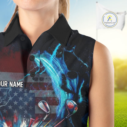 Sleeveless women golf polo black with American Flag patriotic design - front view custom name
