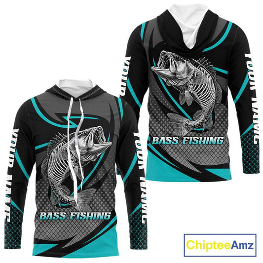 Personalized Bass Hooded Fishing Shirts Long Sleeve Fish Skeleton Custom Fishing Jersey NBT358