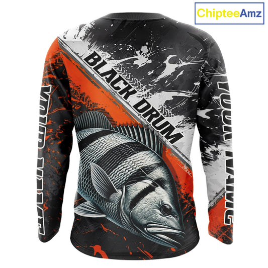 Custom Orange Camo Black Drum Jerseys For Fishing Team Long Sleeve Fishing Shirts NBT457