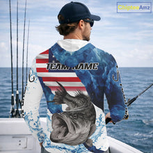 Load image into Gallery viewer, Blue Camo Bass Fishing American Flag Fishing Shirt, Bass Fishing Shirts Long Sleeve with Hood NBT458